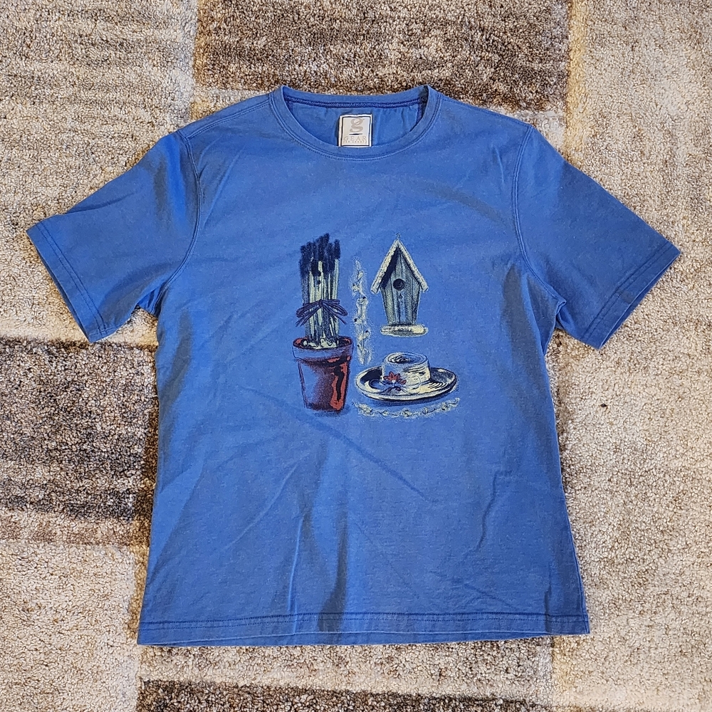 Vintage Gear Women's T-Shirt M Blue Garden Hat Birdhouse Floral Graphic